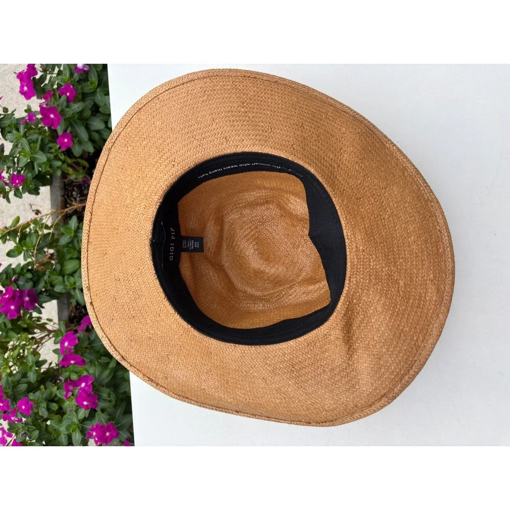 Gigi Pip Tan Straw Sun Hat Wide Brim Rope Band 59 M/L Summer Beach Hat
